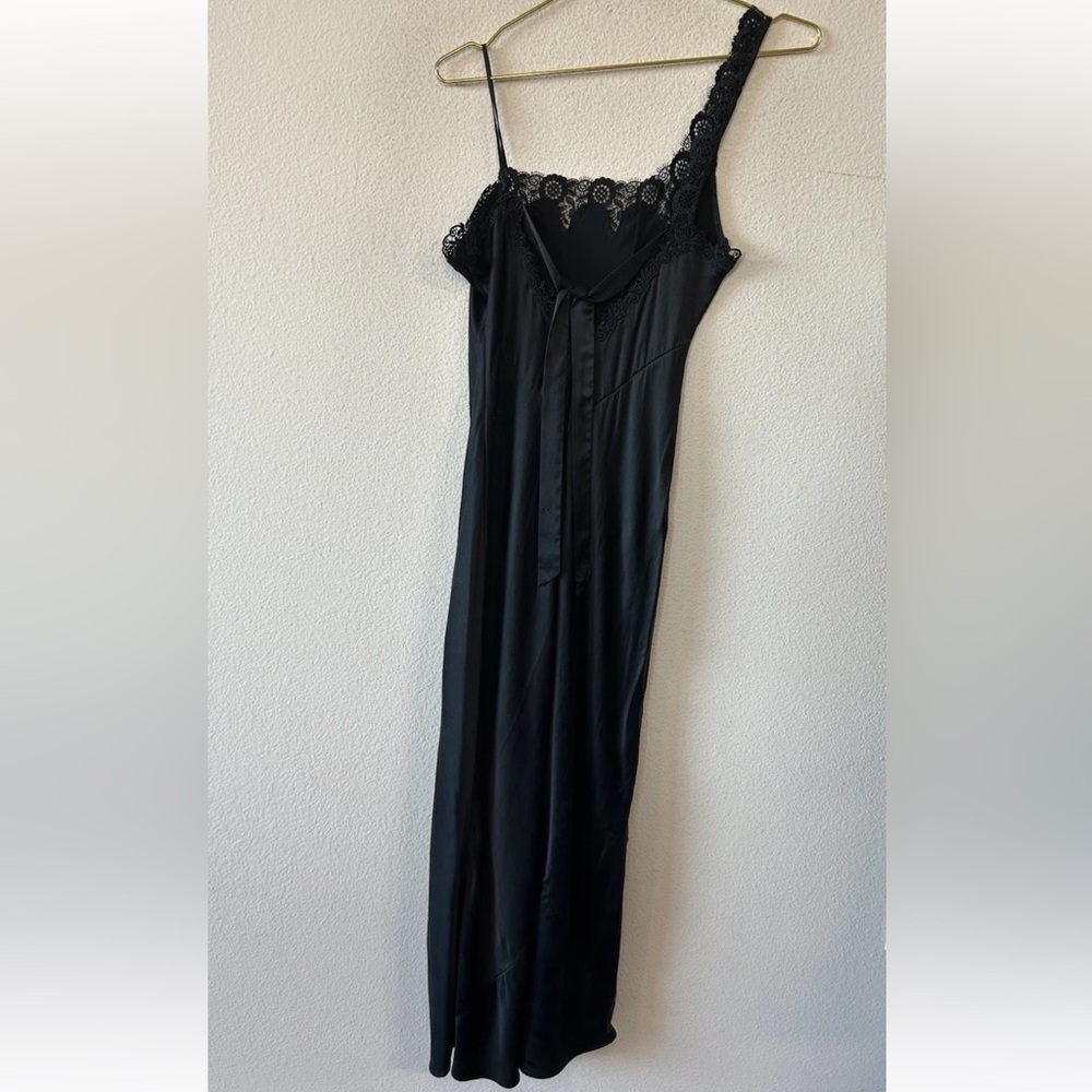 Vintage Y2K Black Silk Slip Dress Lace One Shoulder Maxi Goth S/M - Picture 10 of 13